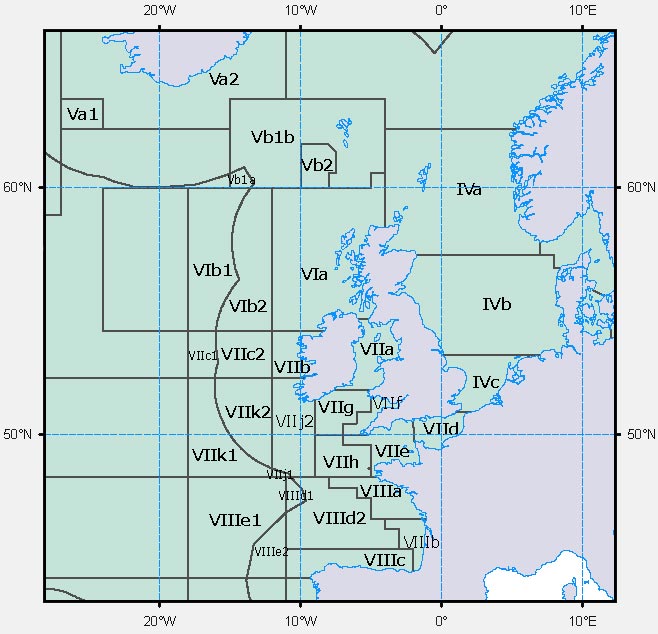 Map of the FAO 27 area showing subareas where different fish